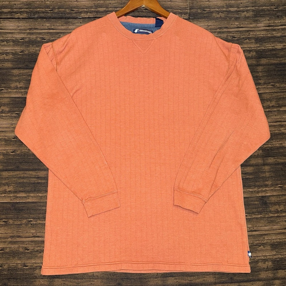 Ferruche Crewneck Sweater Mens Large Orange Vintage Y2K Ribbed Thermal